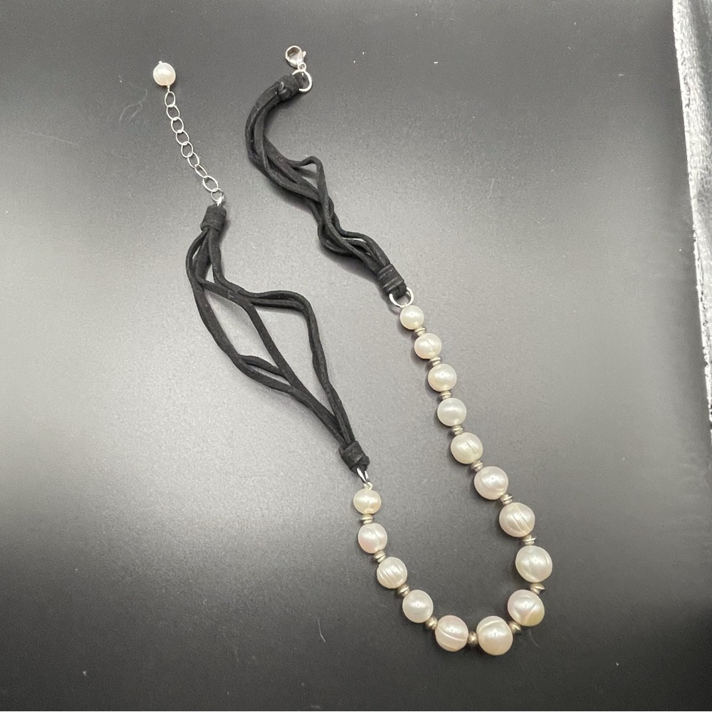 Honora White Ringed Freshwater Pearl and Faux Suede Corded Necklace EUC